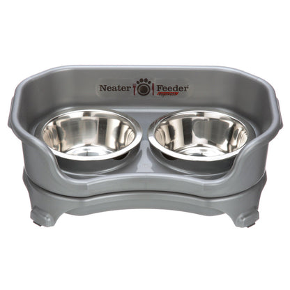 Express small Neater Feeder in Gunmetal Grey with two stainless steel bowls against a white background.