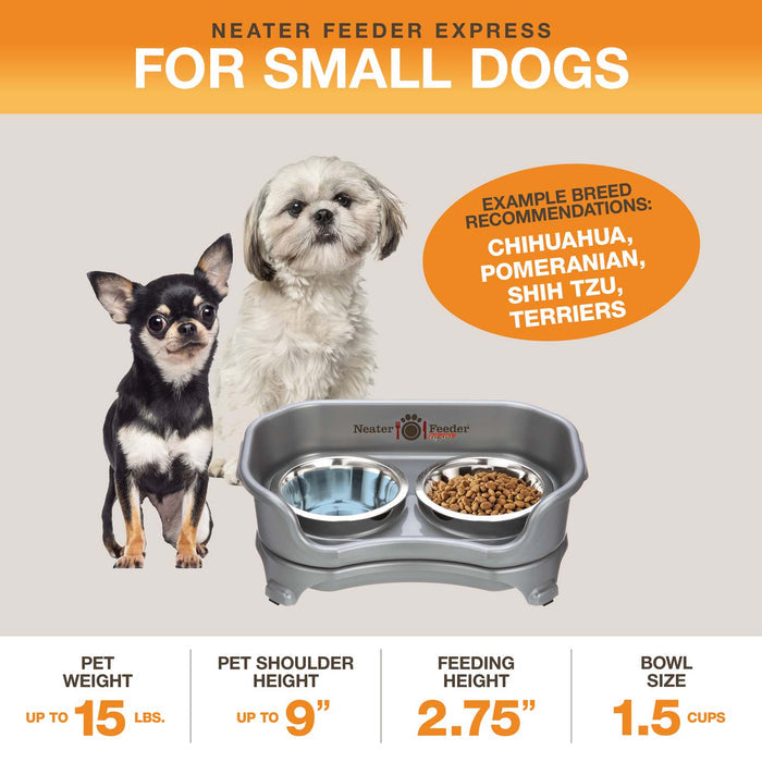 A diagram with sizing information for the small EXPRESS Neater Feeder with Stainless Steel Bowls. The picture displays the ideal pet weight, shoulder height, and the feeding height and bowl capacity.