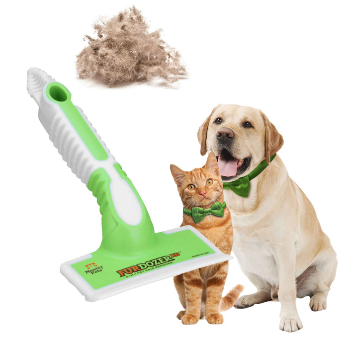 Green FurDozer X6 with hair pile and dog and cat on a white background.