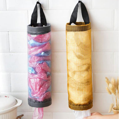Gray and yellow hanging mesh bag holders dispensing reusable plastic bags from the bottom.
