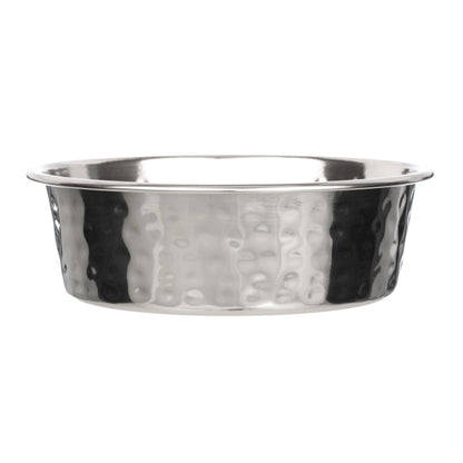 Side view of the Hammered Stainless Steel Bowl on a white background.