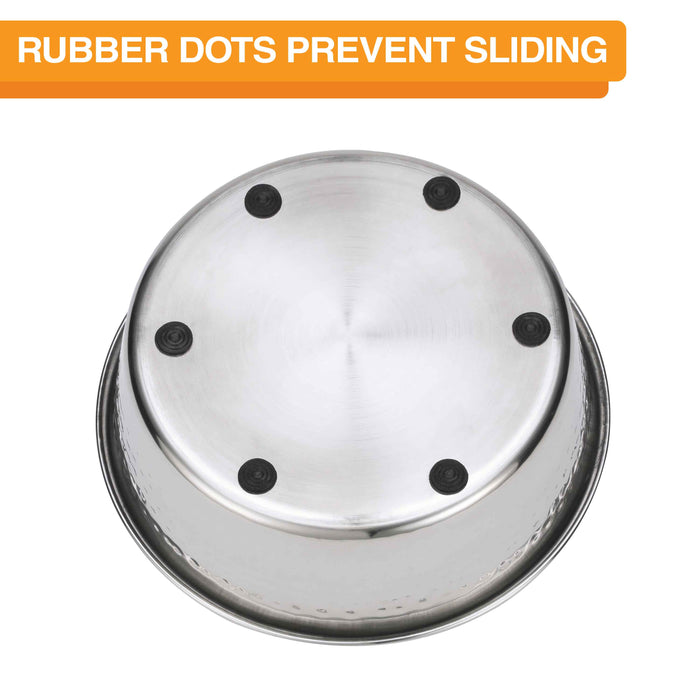 Bottom view of the Hammered Stainless Steel Bowl showing the 6 rubber dots. Text on screen reads: Rubber dots prevent sliding.