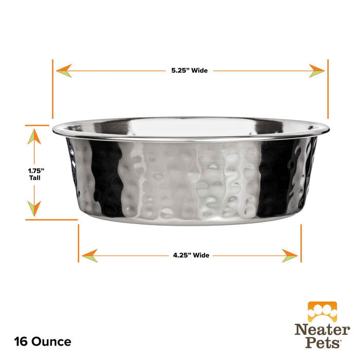 Dimensions of the 16 ounce Hammered Stainless Steel Bowl on a white background.