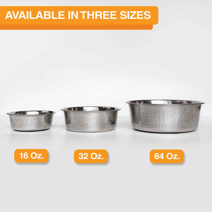 The Hammered Stainless Steel Bowl is available in a 16 oz., 32 oz. and a 64 oz. size. The three-sized bowls are in a line on a white background.