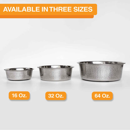 The Hammered Stainless Steel Bowl is available in a 16 oz., 32 oz. and a 64 oz. size. The three-sized bowls are in a line on a white background.