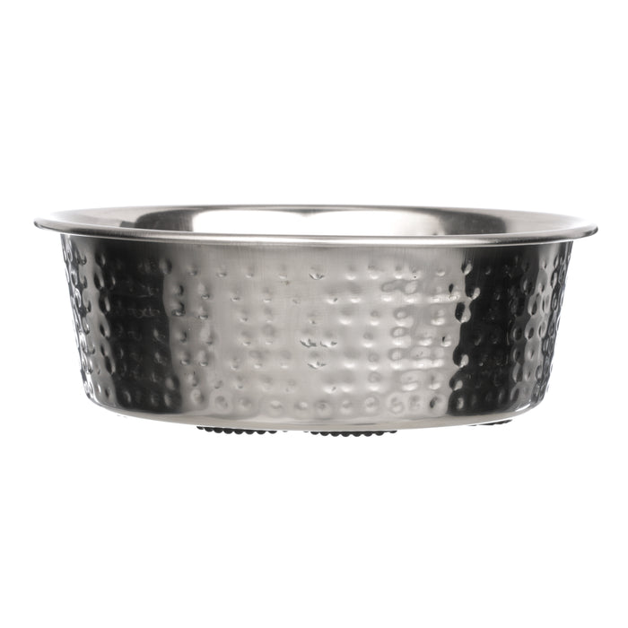 Side view of the Hammered Stainless Steel Bowl on a white background.