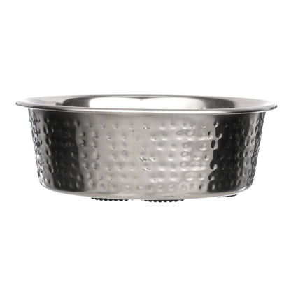 Side view of the Hammered Stainless Steel Bowl on a white background.