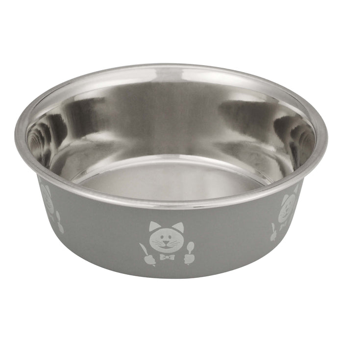 Grey Hungry Cat Bowl side view on white background with cat face holding spoon and knife image.