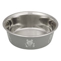 Grey Hungry Cat Bowl side view on white background with cat face holding spoon and knife image.