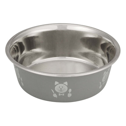 Grey Hungry Cat Bowl side view on white background with cat face holding spoon and knife image.