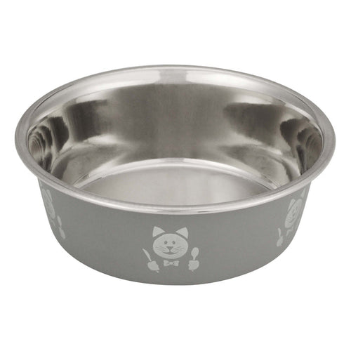 Grey Hungry Cat Bowl side view on white background with cat face holding spoon and knife image.