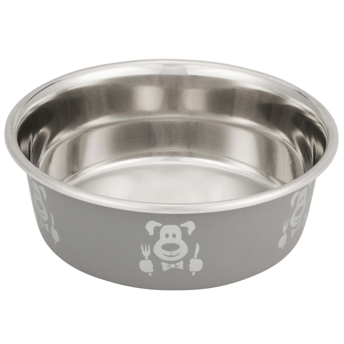 Hungry Dog Bowl.  Picture of dog with utensils on outside of bowl.  On a white background.