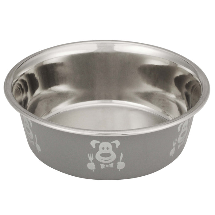 Hungry Dog Bowl, 16 Oz.  Picture of dog with utensils on outside of bowl.  On a white background.
