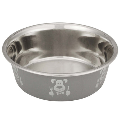 Hungry Dog Bowl, 16 Oz.  Picture of dog with utensils on outside of bowl.  On a white background.