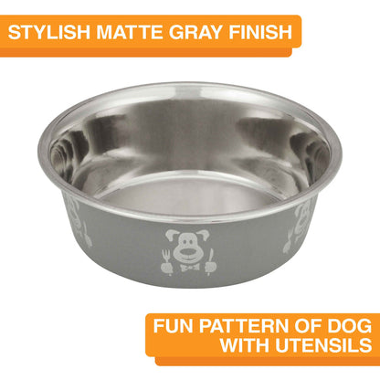 Hungry dog bowl fun pattern.   Picture of dog with utensils on outside of bowl.  On a white background.