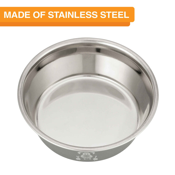 Hungry dog stainless steel bowl.   Picture of dog with utensils on outside of bowl.  On a white background.