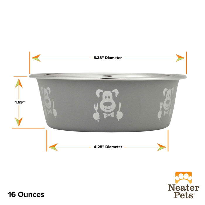 Hungry dog small bowl dimensions.   Picture of dog with utensils on outside of bowl.  On a white background.
