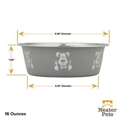 Hungry dog small bowl dimensions.   Picture of dog with utensils on outside of bowl.  On a white background.