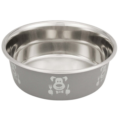 Hungry Dog Bowl, 32 Oz.   Picture of dog with utensils on outside of bowl.  On a white background.