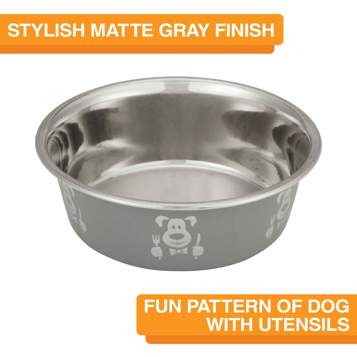 Hungry dog bowl fun pattern.   Picture of dog with utensils on outside of bowl.  On a white background.