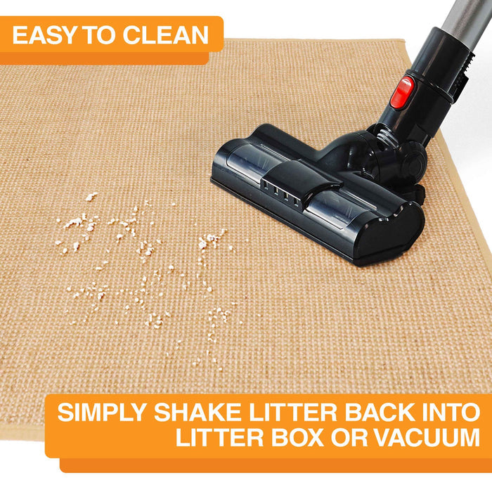 A vacuum cleaning the Jute mat with the text: Easy to Clean. Simply shake litter back into the litter box or vacuum.