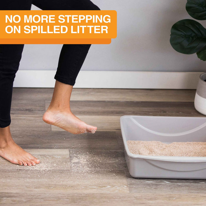 A person stepping on litter outside the litter box. Text on screen reads: No more stepping on spilled litter.