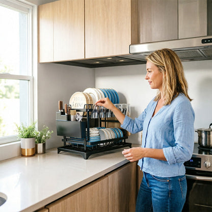 Black two-tier dish drying rack organizing plates, bowls, utensils, and cutting boards on a kitchen counter with women standing beside it