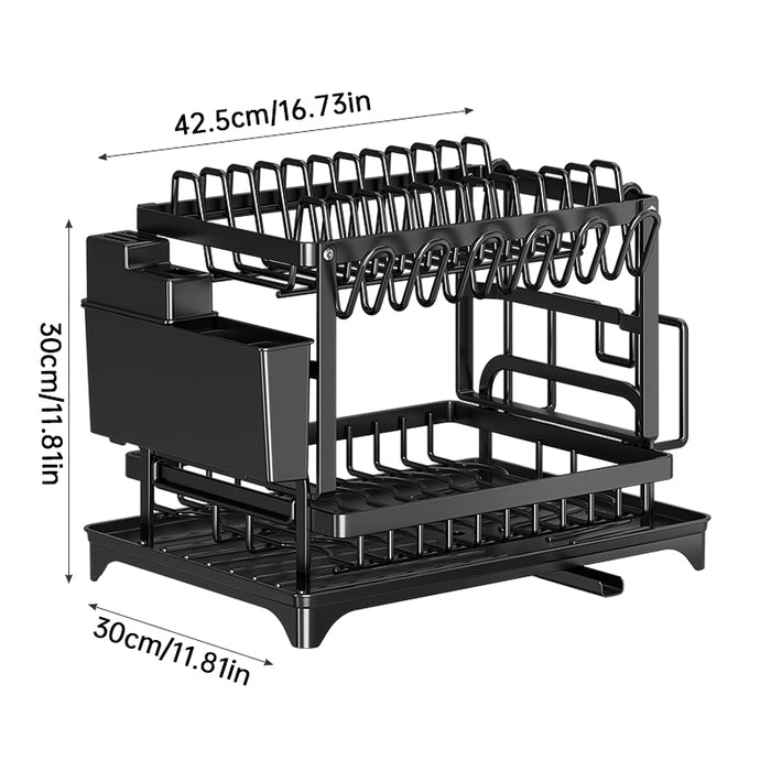 Black two-tier dish drying rack measuring 42.5 centimeters wide, 30 centimeters deep, and 30 centimeters high