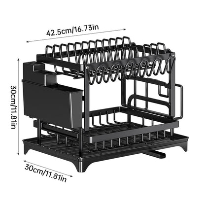 Black two-tier dish drying rack measuring 42.5 centimeters wide, 30 centimeters deep, and 30 centimeters high