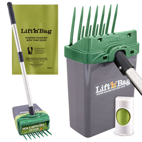 Pet waste management system with scoop, bag, and container on a white background