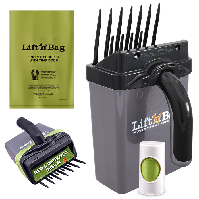 Pet waste management kit with 'Lift 'n Bag' pooper scooper and bags on a white background