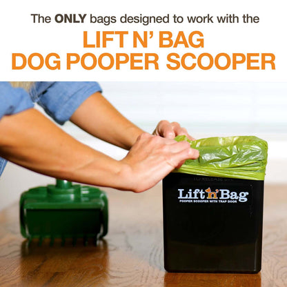 A picture of a person placing the pet waste bag inside the  Lift N' Bag bin. Text on screen reads: The only bags designed to work with the Lift N' Bag dog pooper scooper.