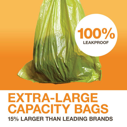 A picture of a full Lift N' Bag bag with "100% leakproof" written next to it. Text on screen reads: Extra-large capacity bags 15% larger than leading brands.