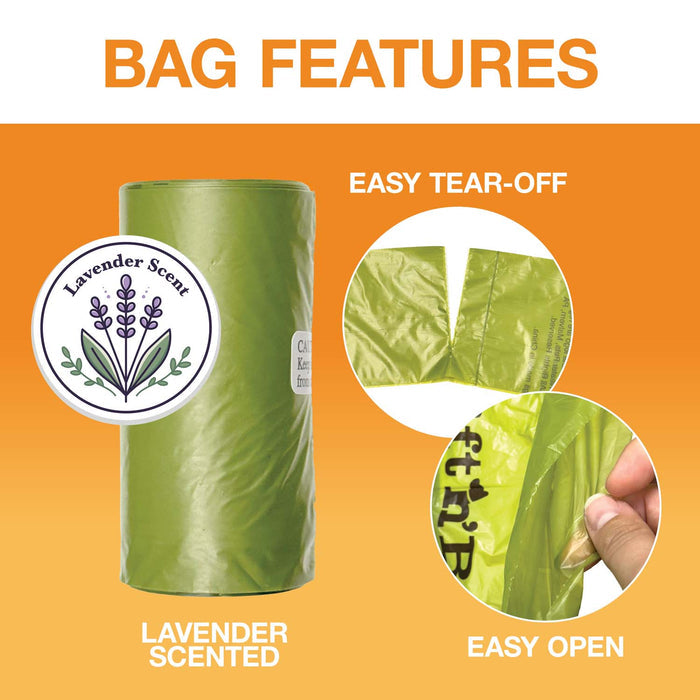 Image showing a roll of bags with a lavender scent picture next to it. The other images show the bags can easily tear off and easily open. Text on screen reads: Bag Features.