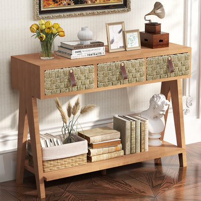 Brown mid-century console table with three woven drawers, leather pulls, and an open lower shelf