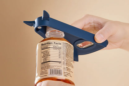 Blue multi-function opener twisting the cap on a sport drink bottle