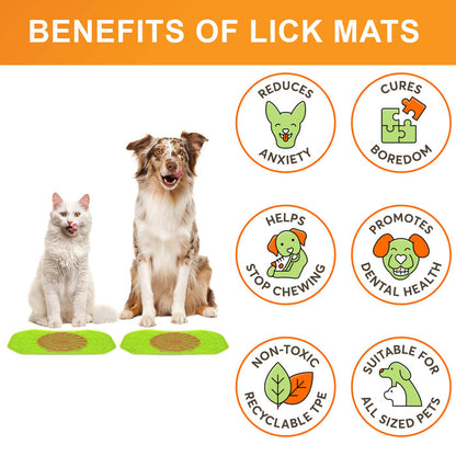 Cat and Dog sitting with the Neat-Lik Mats, explaining the benefits of the mat, which include: cures boredom, reduces anxiety, promotes dental health, and more.