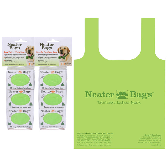 Two Neater Refill Bags in a package of three (90 bag count) on the left. On the right is a flat image of the bag when opened.
