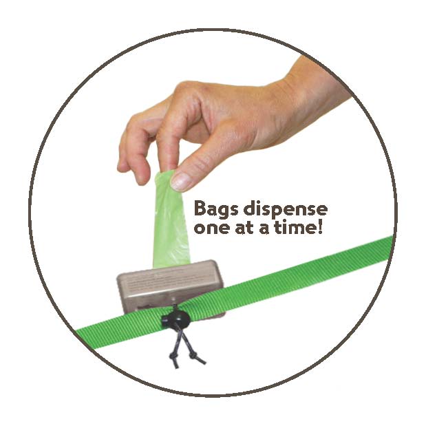 Person pulling a bag out of the dispenser. Text on screen reads: Bags dispense one at a time