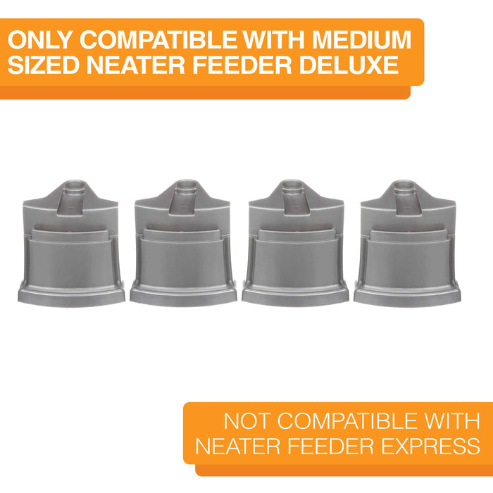 Medium Neater Feeder Deluxe Gunmetal Gray Leg Extensions lined up on a white background. Text on screen reads: Only compatible with medium sized Neater Feeder Deluxe. Not compatible with Neater Feeder Express.