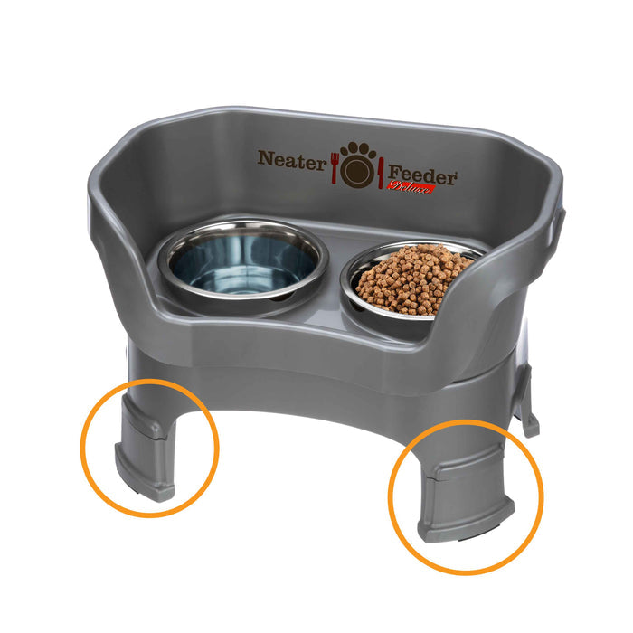 Picture of leg extensions circled on a Neater Feeder Deluxe on a white background.