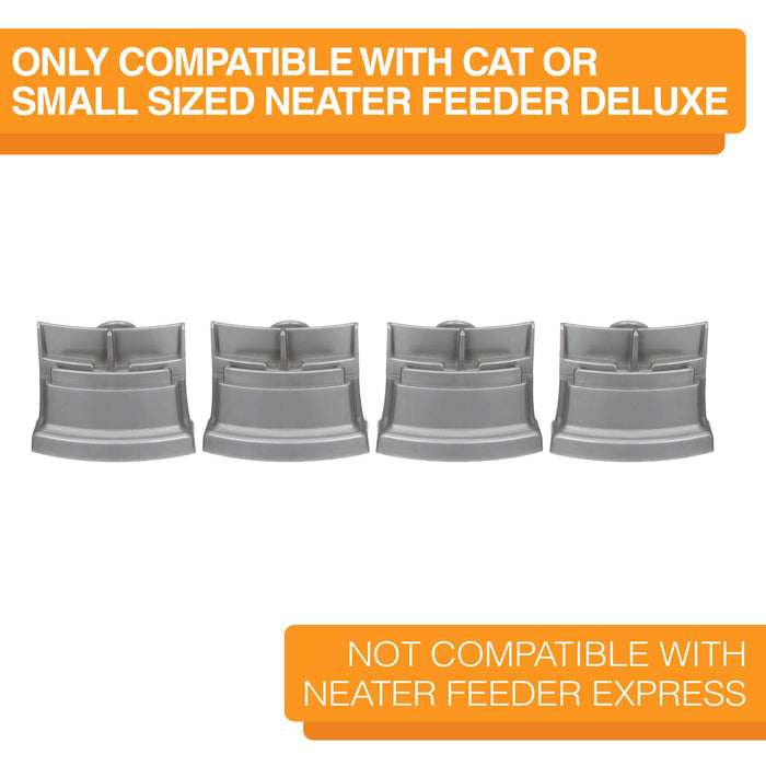 Small Gunmetal Grey leg extensions lined up on a white background. Text on screen reads: Only compatible with cat or small sized Neater Feeder Deluxe. Not compatible with Neater Feeder Express.
