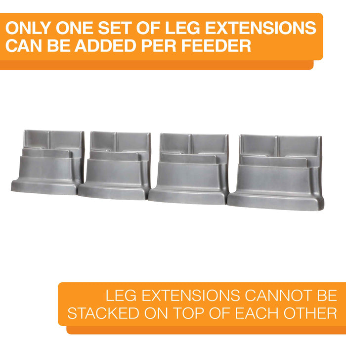 Small Gunmetal Grey leg extensions lined up on a white background. Text on screen reads: Only one set of leg extensions can be added per feeder. Leg extensions cannot be stacked on top of each other.