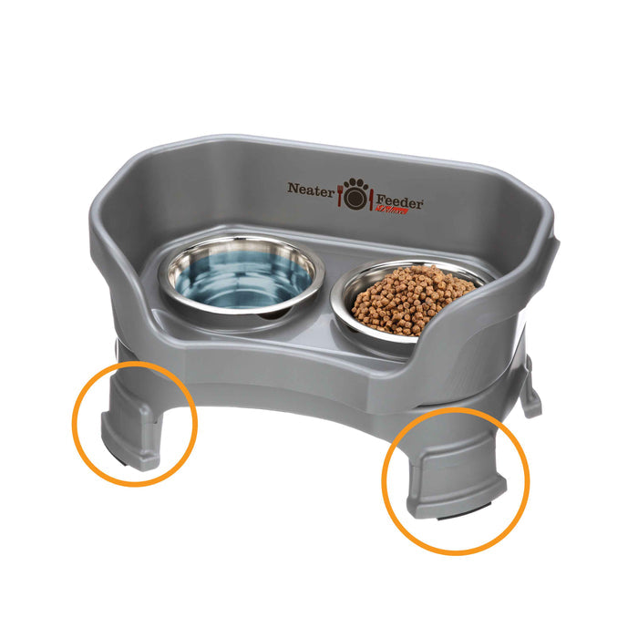 Picture of leg extensions circled on a Neater Feeder Deluxe small on a white background.