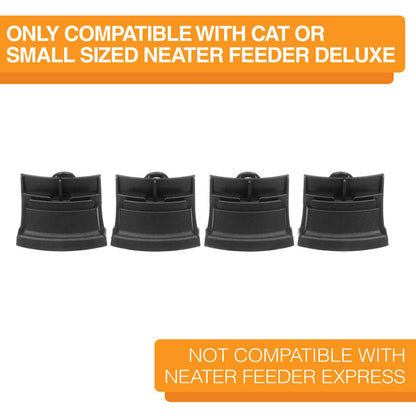 Small Midnight Black leg extensions lined up on a white background. Text on screen reads: Only compatible with cat or small sized Neater Feeder Deluxe. Not compatible with Neater Feeder Express.