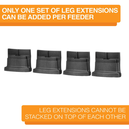 Small Midnight Black leg extensions lined up on a white background. Text on screen reads: Only one set of leg extensions can be added per feeder. Leg extensions cannot be stacked on top of each other.