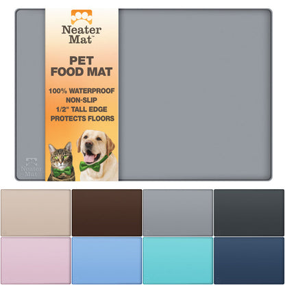 Image of the Neater Mat Pet Food Mat with callouts for 100% waterproof, non-slip, 1/2" tall edge, and protects floors. It also shows the color options of tan, brown, grey, black, light pink, light blue, aquamarine (or teal), and dark blue.