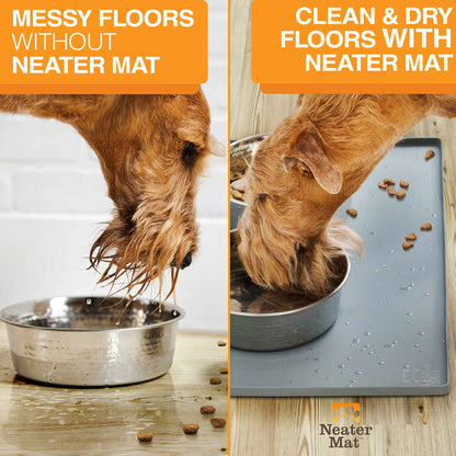 Pictures showing a messy floor without the Neater Mat vs a clean flood with the Neater Mat.  Showing how the Neater Mat protects your floor.