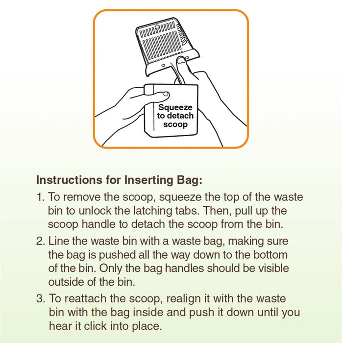 Image showing how to detach scoop and how to insert bags with example image and steps.