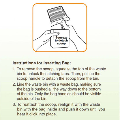 Image showing how to detach scoop and how to insert bags with example image and steps.